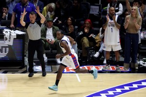 SALT LAKE CITY, UTAH - FEBRUARY 17: Fitness instructor Alex Toussaint #25 of Team Dwayne celebrates a basket against Team Ryan during the first quarter in the 2023 NBA All Star Ruffles Celebrity Game at Vivint Arena on February 17, 2023 in Salt Lake City, Utah. NOTE TO USER: User expressly acknowledges and agrees that, by downloading and or using this photograph, User is consenting to the terms and conditions of the Getty Images License Agreement. (Photo by Tim Nwachukwu/Getty Images)