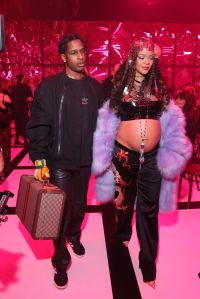 MILAN, ITALY - FEBRUARY 25: Asap Rocky and Rihanna are seen at the Gucci show during Milan Fashion Week Fall/Winter 2022/23 on February 25, 2022 in Milan, Italy. (Photo by Victor Boyko/Getty Images for Gucci)