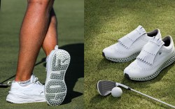 Detail of the Puma Golf Shoes worn by Tom Lewis; adidas golf shoes on grass