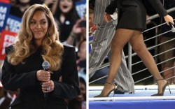 Beyonce and Kelly Rowland walk on stage during a campaign rally with Democratic presidential candidate, U.S. Vice President Kamala Harris, at Shell Energy Stadium on October 25, 2024 in Houston, Texas.