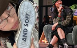 Left: A screenshot of Billie Eilish's Instagram story featuring converse hit me hard and soft sneaker collaboration.
Right: Billie Eilish speaks onstage during Overheated, a one-off climate activism event presented by Support + Feed and Billie Eilish at Flipper's Roller Boogie Palace on August 30, 2023 in London, England.