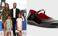 Left: Chrissy Teigen and John Legend with children Miles and Luna ahead of the Paris Olympics Opening Ceremony on July 26, 2024. 
Right: Christian Louboutin Melodie scalloped ballerina flat