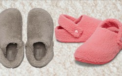 gray and pink shearling clog slippers