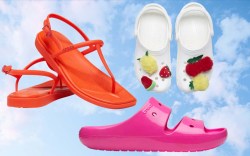 sky cloud background; orange thong sandals; white clogs with pom pom accessories; pink shiny sandals