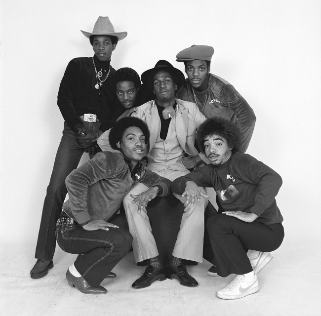 Portrait of Grandmaster Flash (seated in center) and the Furious Five, New York, December 1980. (Photo by Anthony Barboza/Getty Images)