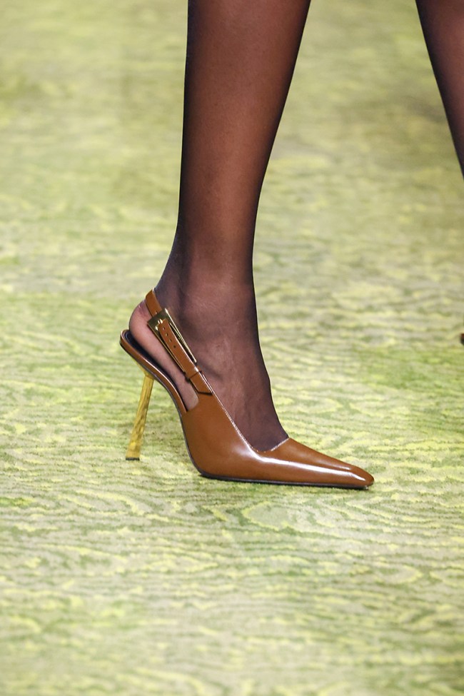 PARIS, FRANCE - FEBRUARY 28: (EDITORIAL USE ONLY - For Non-Editorial use please seek approval from Fashion House) A model, shoe detail, walks the runway during the Saint Laurent Womenswear Fall Winter 2023-2024 show as part of Paris Fashion Week on February 28, 2023 in Paris, France. (Photo by Peter White/Getty Images)