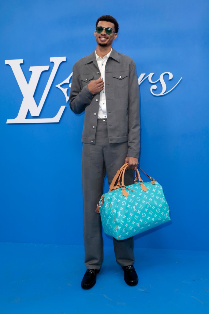 Victor Wembanyama, Louis Vuitton, loafers, monogram, silver, leather, Paris Fashion Week