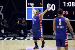 SALT LAKE CITY, UTAH - FEBRUARY 17: TV personality Guillermo Rodriguez #7 of Team Ryan celebrates a missed basket against Team Dwayne during the third quarter in the 2023 NBA All Star Ruffles Celebrity Game at Vivint Arena on February 17, 2023 in Salt Lake City, Utah. NOTE TO USER: User expressly acknowledges and agrees that, by downloading and or using this photograph, User is consenting to the terms and conditions of the Getty Images License Agreement. (Photo by Tim Nwachukwu/Getty Images)