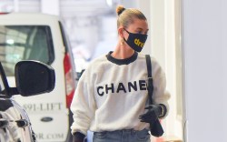 Hailey Bieber looks chic even during a pandemic stepping out in rubber gloves and a Chanel sweater in Beverly Hills. 22 May 2020 Pictured: Hailey Bieber. Photo credit: Snorlax / MEGA TheMegaAgency.com +1 888 505 6342 (Mega Agency TagID: MEGA670314_008.jpg) [Photo via Mega Agency]