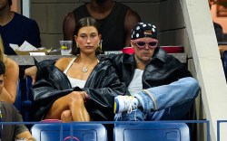 Hailey Bieber, Justin Bieber, 2023 U.S. Open, New Balance, Loewe, leather jacket.