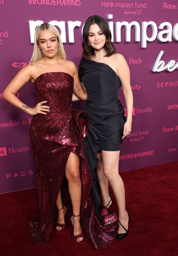 LOS ANGELES, CALIFORNIA - OCTOBER 24: (L-R) Karol G and Selena Gomez attend the Second Annual Rare Impact Fund Benefit Supporting Youth Mental Health, hosted by Selena Gomez, at Nya Studios on October 24, 2024 in Los Angeles, California. (Photo by Amy Sussman/Getty Images)