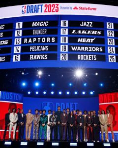 NEW YORK, NEW YORK - JUNE 22: The Top Prospects pose on stage prior to the first round of the 2023 NBA Draft at Barclays Center on June 22, 2023 in the Brooklyn borough of New York City. NOTE TO USER: User expressly acknowledges and agrees that, by downloading and or using this photograph, User is consenting to the terms and conditions of the Getty Images License Agreement. (Photo by Sarah Stier/Getty Images)