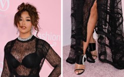 Jordyn Woods at the Victoria's Secret Fashion Show held at the Brooklyn Navy Yard on October 15, 2024 in New York, New York, shoes