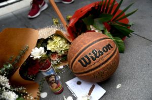 A makeshift memorial honoring former NBA basketball player Kobe Bryant appears outside of Staples center prior to the start of the 62nd annual Grammy Awards, in Los Angeles. Bryant died Sunday in a helicopter crash near Calabasas, Calif. He was 41
Kobe Bryant, Los Angeles, USA - 26 Jan 2020