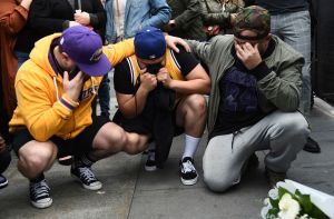 Alex Fultz, Eddy Rivas, Rene Alfaro. Los Angeles Laker fans Alex Fultz, from left, Eddy Rivas and Rene Alfaro mourn retired NBA star Kobe Bryant outside of the Staples Center prior to the 62nd annual Grammy Awards, in Los Angeles. Bryant died Sunday in a helicopter crash near Calabasas, Calif. He was 41
Kobe Bryant, Los Angeles, USA - 26 Jan 2020