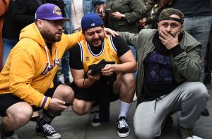 Alex Fultz, Eddy Rivas, Rene Alfaro. Los Angeles Lakers fans Alex Fultz, from left, Eddy Rivas and Rene Alfaro react to the death of former NBA player Kobe Bryant outside of the Staples Center prior to the 62nd annual Grammy Awards, in Los Angeles. Bryant died Sunday in a helicopter crash near Calabasas, Calif. He was 41
Kobe Bryant, Los Angeles, USA - 26 Jan 2020