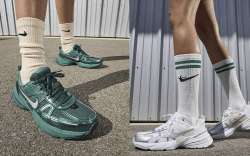 close-up images of models wearing Nike V2K Run sneakers